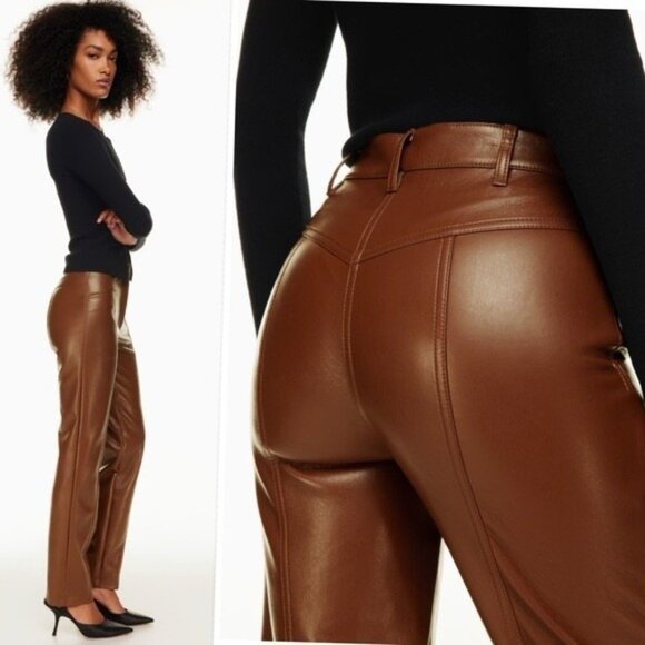 Aritzia Wilfred Rebel Vegan Leather Pants High Waisted Straight Leg Brown - 8 - Picture 8 of 9